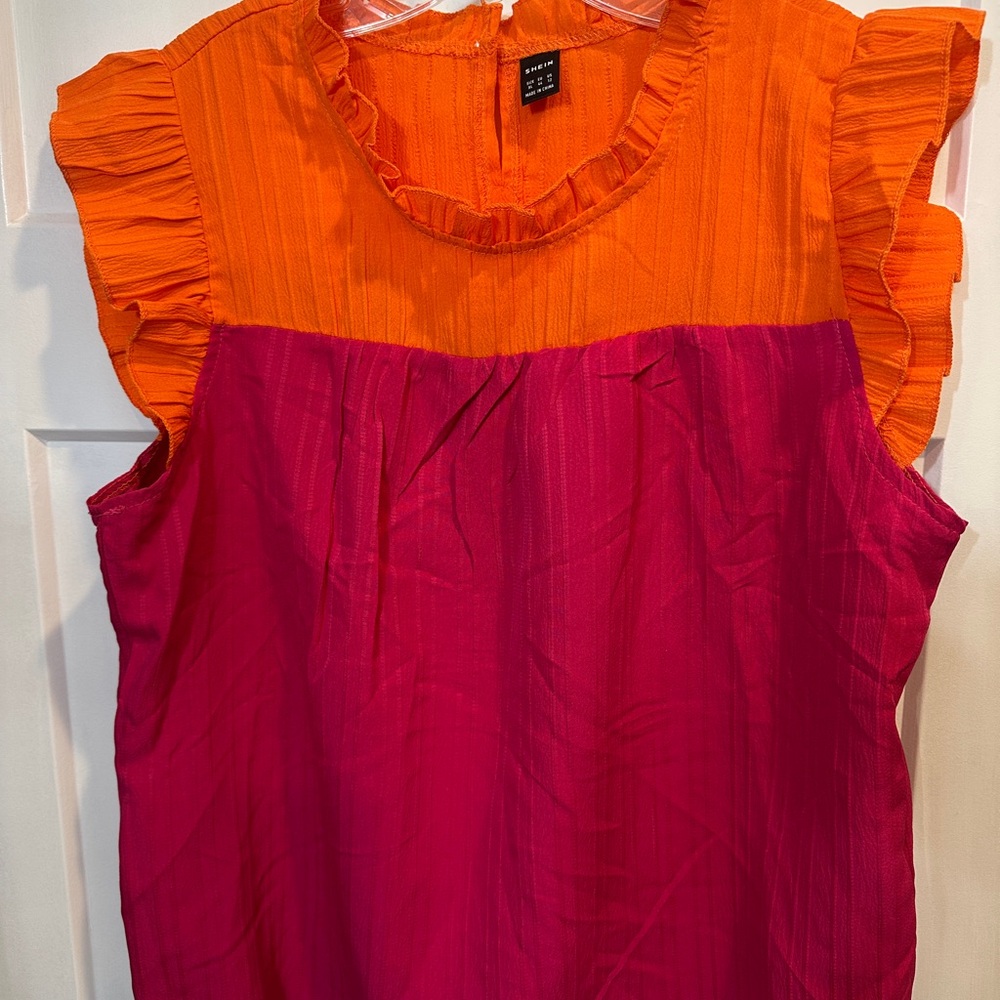 SHEIN Orange and Pink Ruffled Bib Collar Blouse